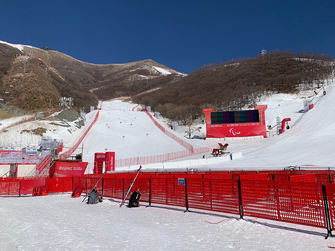 Yanqing National Alpine Skiing Centre — finish area during the 2022 Winter Paralympics. Photo: Kate McLoughlin. Archive image; resized.