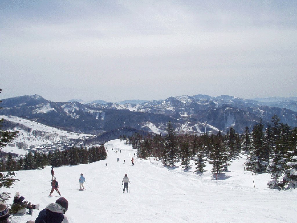 Shiga Kogen Yakebitaiyama Ski Area — snowy slopes from the summit. Photo: まるちゃん (talk · contribs). Archive image; resized.