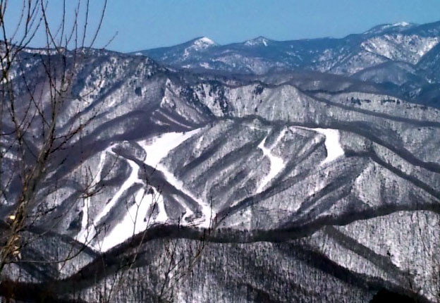 Snow Park Oze Tokura — winter view of the ski runs. Photo: 苗場山. Archive image; resized.