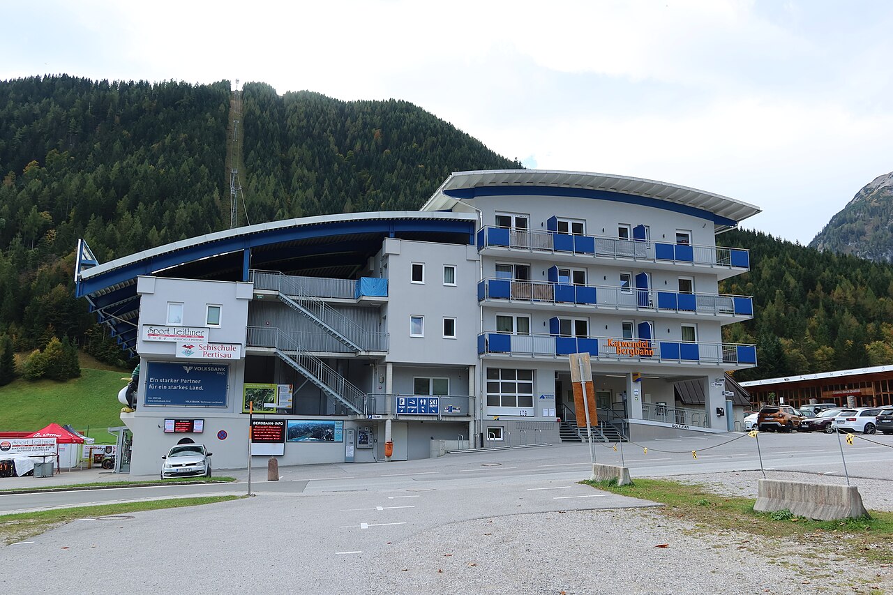Karwendel Bergbahn — Karwendel lift station in Pertisau, summer. Photo: Strubbl. Archive image; resized.